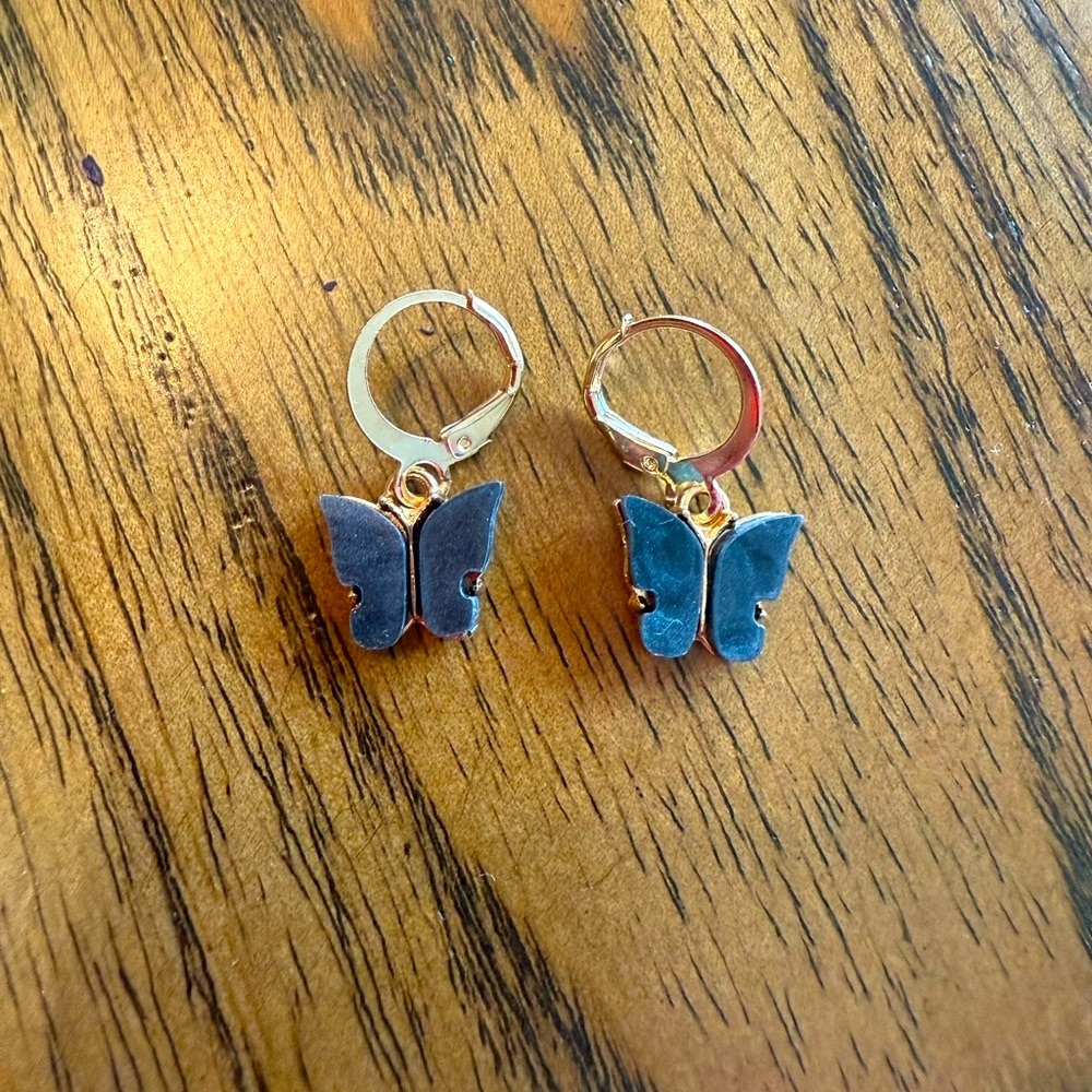 ☮️NEW Butterfly Hoop Earrings - Gray Marbel Enamel Charm Dangle Jewelry